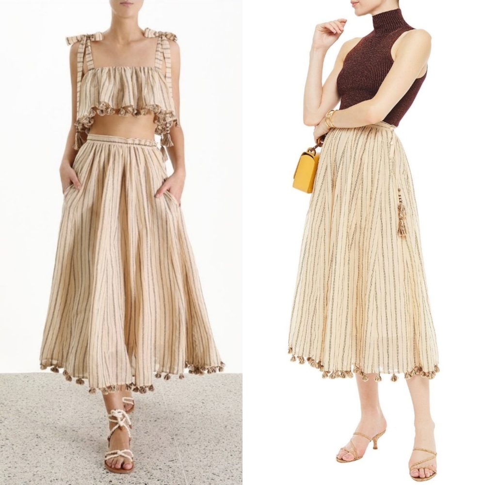 Zimmermann Suraya Tassel Trimmed Metallic Striped Skirt Pockets Sz 3/L